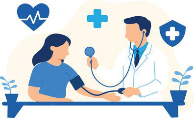 Doctor Checking Patient Blood Pressure | Medical Consultation Illustration, Healthcare Flat Design Concept for Hospital, Clinic, Telemedicine, Health Checkup, and Medical Services