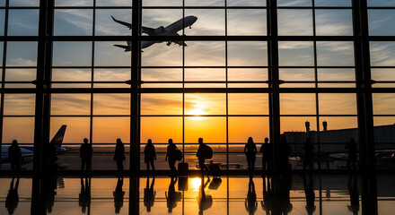 Silhouetted travelers and planes in an airport terminal at sunset, warm reflections on floor.
