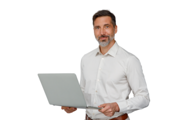 Middle aged businessman holding laptop, smiling, working remotely, or presenting online, transparent background