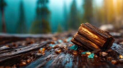 A rustic wooden log juxtaposed with colorful gemstones, creating an enchanting atmosphere that suggests nature's beauty and hidden treasures in a serene forest backdrop.