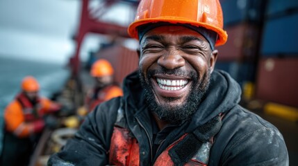 A joyful dock worker in safety gear smiling broadly amidst the busy harbor environment, embodying the spirit of teamwork and the satisfaction of hard work on the seas.
