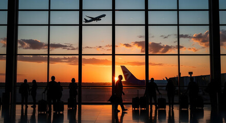 Silhouetted travelers and planes in an airport terminal at sunset, warm reflections on floor.