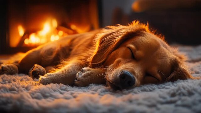 Golden Retrievers Cozy Nap - A Warm Fireplace Scene.