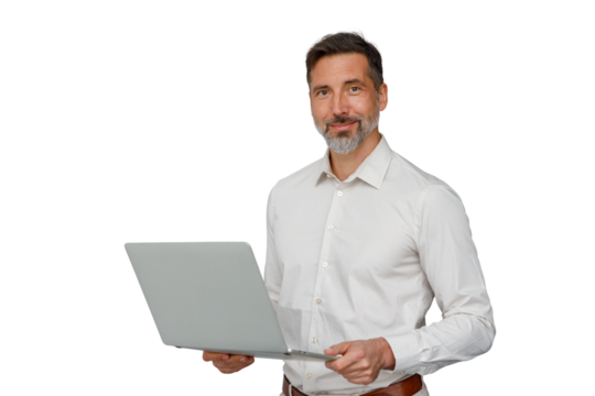 Middle aged businessman holding laptop, smiling, working remotely, or presenting online, transparent background