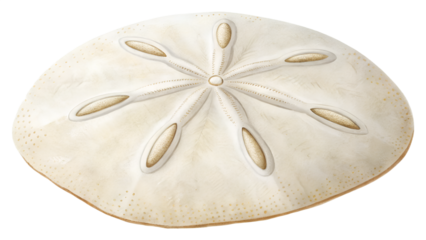Flat white sand dollar with fine texture and natural imperfections, isolated transparent background, gentle natural lighting.
