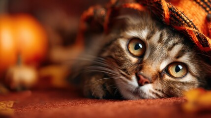 A charming cat with striking eyes lies comfortably among autumn leaves and pumpkins, capturing the cozy essence of fall and inviting warmth of seasonal aesthetics.