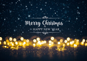 Fototapeta premium Digital graphic conveying a magical holiday atmosphere with falling snow and a bright line of golden glitter.