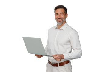 Smiling mature man holding laptop, looking at camera, working online, feeling successful, isolated on transparent background