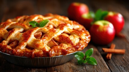 A golden-brown apple pie placed on a rustic wooden table, alongside fresh apples, evoking memories of home and warmth with a homemade touch.