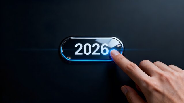 Hand pressing digital button with year 2026