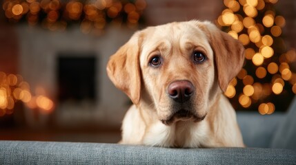 A close-up portrait of a lovable Labrador Retriever with big, expressive eyes that convey a sense of longing and companionship beside a cozy, decorated backdrop.