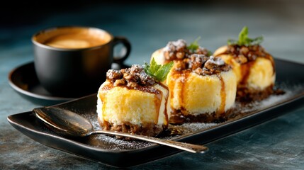 A beautifully plated cheesecake drizzled with sauce, alongside a steaming cup of coffee, embodies indulgent dessert experiences that invite joy and culinary delight.