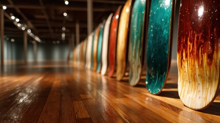 This image showcases a striking arrangement of colorful skateboards positioned in a contemporary gallery setting with polished wooden flooring and bright lights.