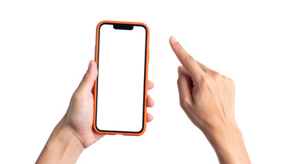 Hands holding a phone with a blank screen, one finger pointing. Focus on device and interaction