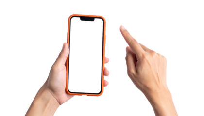 Hands holding a phone with a blank screen, one finger pointing. Focus on device and interaction
