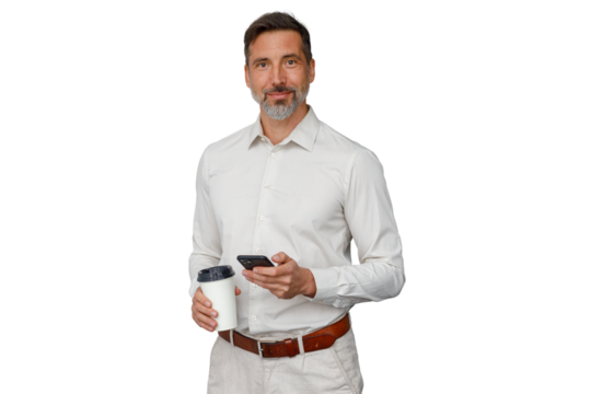 Middle aged businessman holding a disposable coffee cup and his mobile phone, while smiling confident and friendly