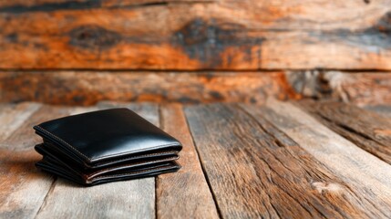 A stylish black wallet placed elegantly on a rustic wooden table, creating a chic and minimalistic look that evokes feelings of sophistication and timeless style.