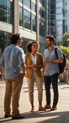 Fototapeta premium Three diverse colleagues in business casual attire engage in a lively conversation outdoors on a sunny day in a modern urban setting
