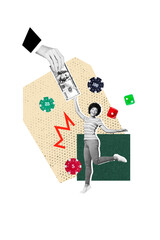 Vertical photo collage of happy american girl poker game chip dice winner earn dollar jackpot gambling game isolated on painted background