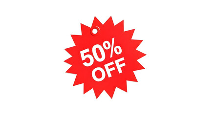 Bright red 50 percent off burst tag on a clean white background promoting a big sale event for retail marketing and advertising campaigns to attract customers now
