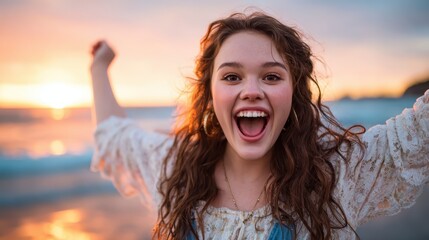 A young girl with joyful expression raises her arms in celebration at the beach, framed by a vibrant sunset, symbolizing freedom and the joy of life.