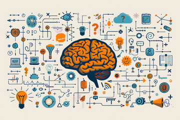 Artificial Intelligence and Brain Network Concept – Digital Thinking, Neural Connections, Data Processing, Cognitive Science, Information Flow, Machine Learning and Mental Complexity Illustration