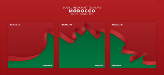 Set of carousel posts background with realistic red flag ribbons, suitable for morocco independence day
