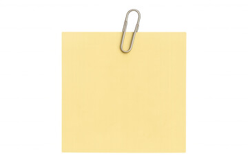 Yellow blank sticky note with paper clip, holding important information or reminder, transparent background