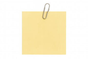 Yellow blank sticky note with paper clip, holding important information or reminder, transparent background
