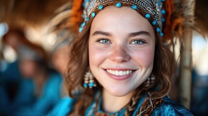 A young girl dressed in a vibrant traditional outfit smiling joyfully, embodying culture and heritage, and representing innocence, happiness, and a sense of belonging.