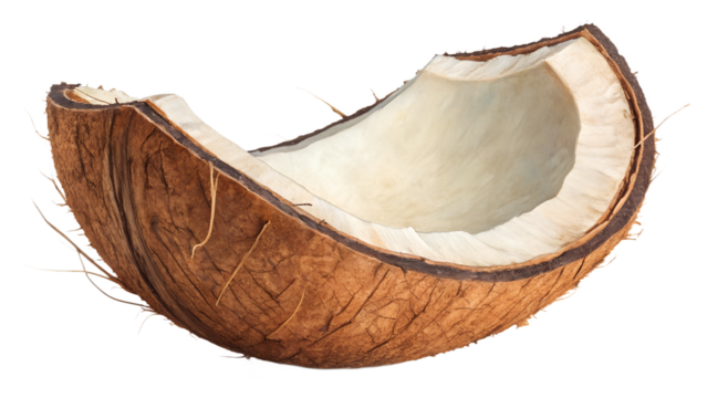 Curved broken piece of coconut shell, rough outer texture and fibrous edge visible, isolated transparent background, realistic lighting.