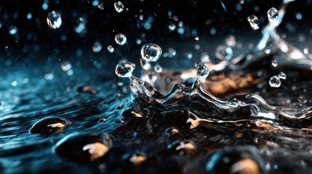 A mesmerizing dynamic splash of water droplets against a dark blue background, illustrating movement and freshness, capturing the essence of vitality.