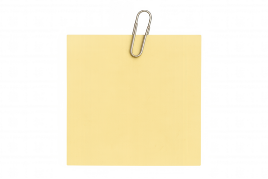 Yellow blank sticky note with paper clip, holding important information or reminder, transparent background - Powered by Adobe