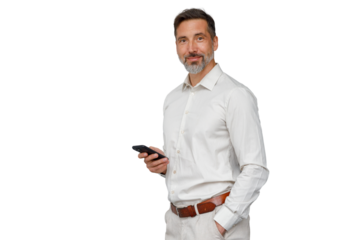 Confident businessman holding smartphone, smiling at camera, communicating technology, transparent background