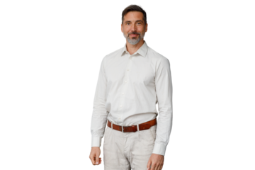 Middle aged man smiling wearing a white shirt and beard, portrait on transparent background