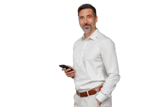 Confident businessman holding smartphone, smiling at camera, communicating technology, transparent background - Powered by Adobe