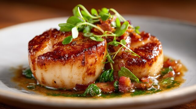 Succulent seared scallops artfully plated with garnished herbs, representing gourmet dining that highlights culinary mastery and rich flavors for seafood lovers.