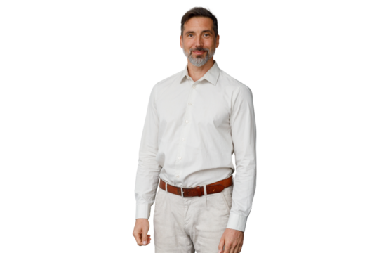 Middle aged man smiling wearing a white shirt and beard, portrait on transparent background