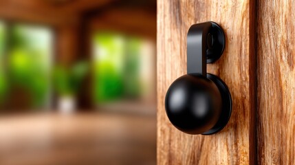 An aesthetically pleasing black door knob is set against a rustic wooden door, symbolizing entry and transformation, evoking feelings of curiosity and anticipation.
