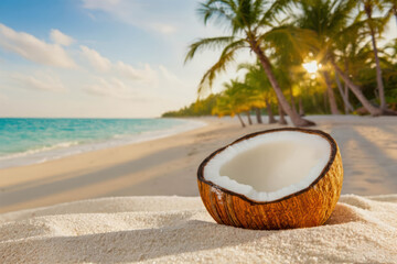 A freshly cut coconut half with white flesh lies on clean white sand against a backdrop of palm trees and turquoise ocean water.