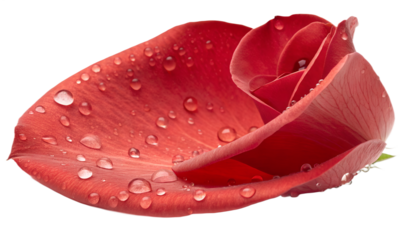 Single red rose petal with delicate curve and dewdrops, isolated on transparent background, ultra-realistic soft lighting.