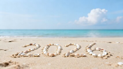 Seashells forming 2026 on sandy beach