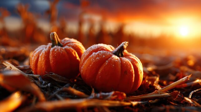 Two pumpkins dusted with frost stand in a field during sunrise, creating a picturesque autumn scene, symbolizing the harvest season and the beauty of nature. - Powered by Adobe