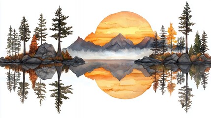 Autumnal Sunset Over Calm Lake and Mountain Range Reflection