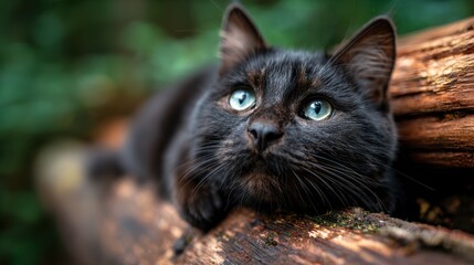 A stunning close-up of a curious black cat with mesmerizing green eyes, lounging on a wooden log in a lush green environment, perfectly capturing the beauty of feline grace and allure.