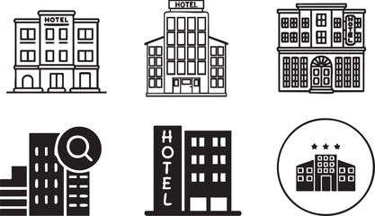Stock vector icons set for city buildings and landmarks, including house, office, and skyscraper silhouettes for urban architecture design and construction illustrations