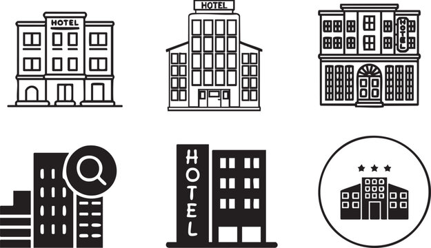 Stock vector icons set for city buildings and landmarks, including house, office, and skyscraper silhouettes for urban architecture design and construction illustrations