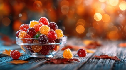 This delightful image presents a glass bowl filled with colorful sugary candies on a rustic wooden table, evoking nostalgia and sweet memories of joyful moments.