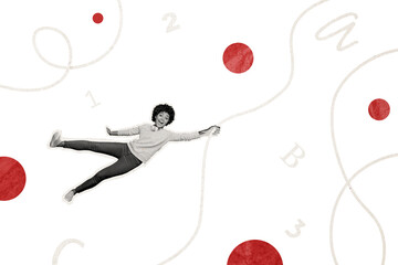 Composite collage picture image of funny girl hang string solve math problem student bizarre unusual fantasy billboard comics