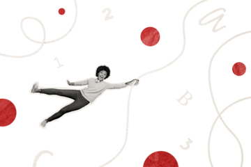 Composite collage picture image of funny girl hang string solve math problem student bizarre unusual fantasy billboard comics